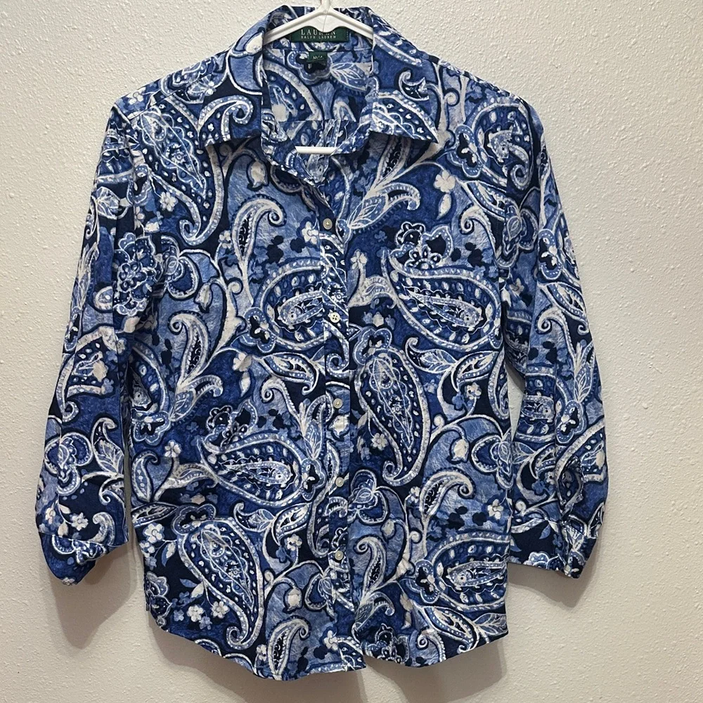 Lauren Ralph Lauren Blue and White Paisley Shirt size m - Picture 1 of 2